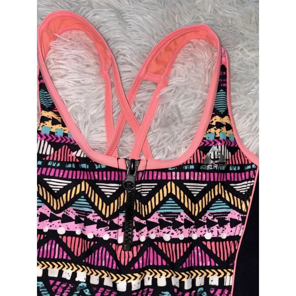 Gerry Girls 10/12 One Pc. Black “zipper” Design Vibrant Swimsuit. Cute, Nt. Desc